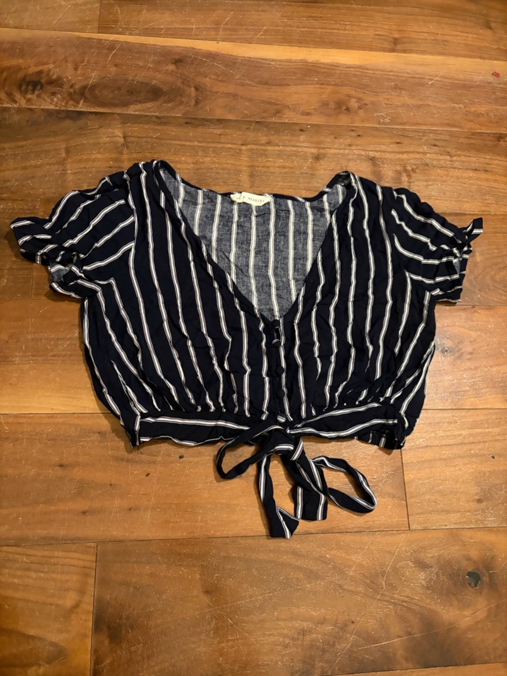 La Hearts Navy and White Striped Tie-Front Crop Top